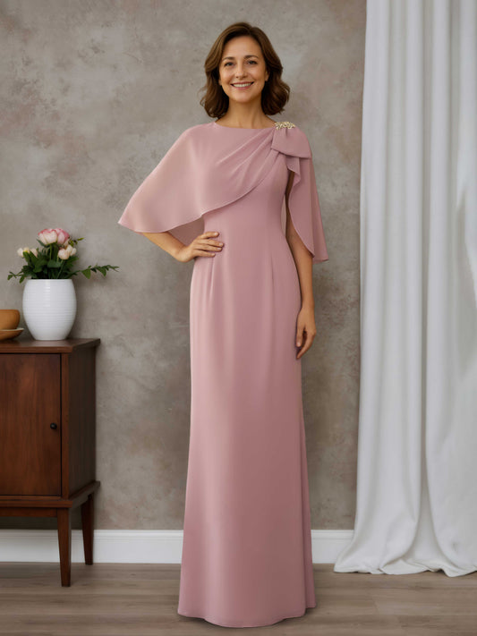 Elaran Eleganat A-line Scoop Half Sleeves Floor-Length Chiffon Mother of the Bride Dresses with Bow