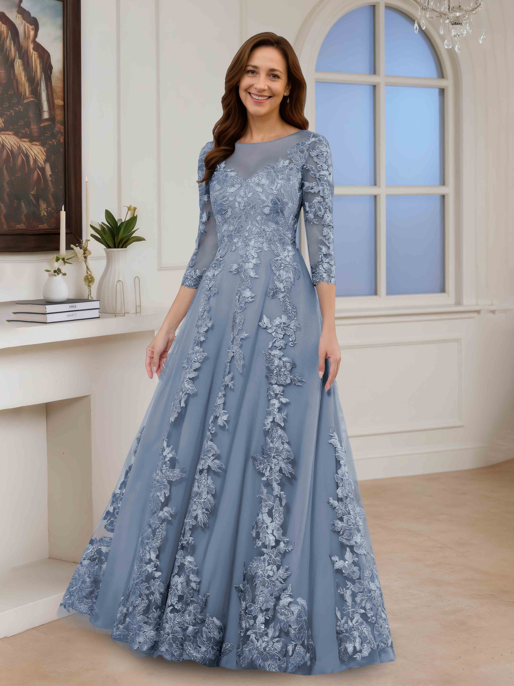 Elarin Delicate A-line Illusion 3/4 Sleeves Lace Appliqued Long Mother Cathnina Elarin Delicate A-line Illusion 3/4 Sleeves Lace Appliqued Long Mother Cathnina