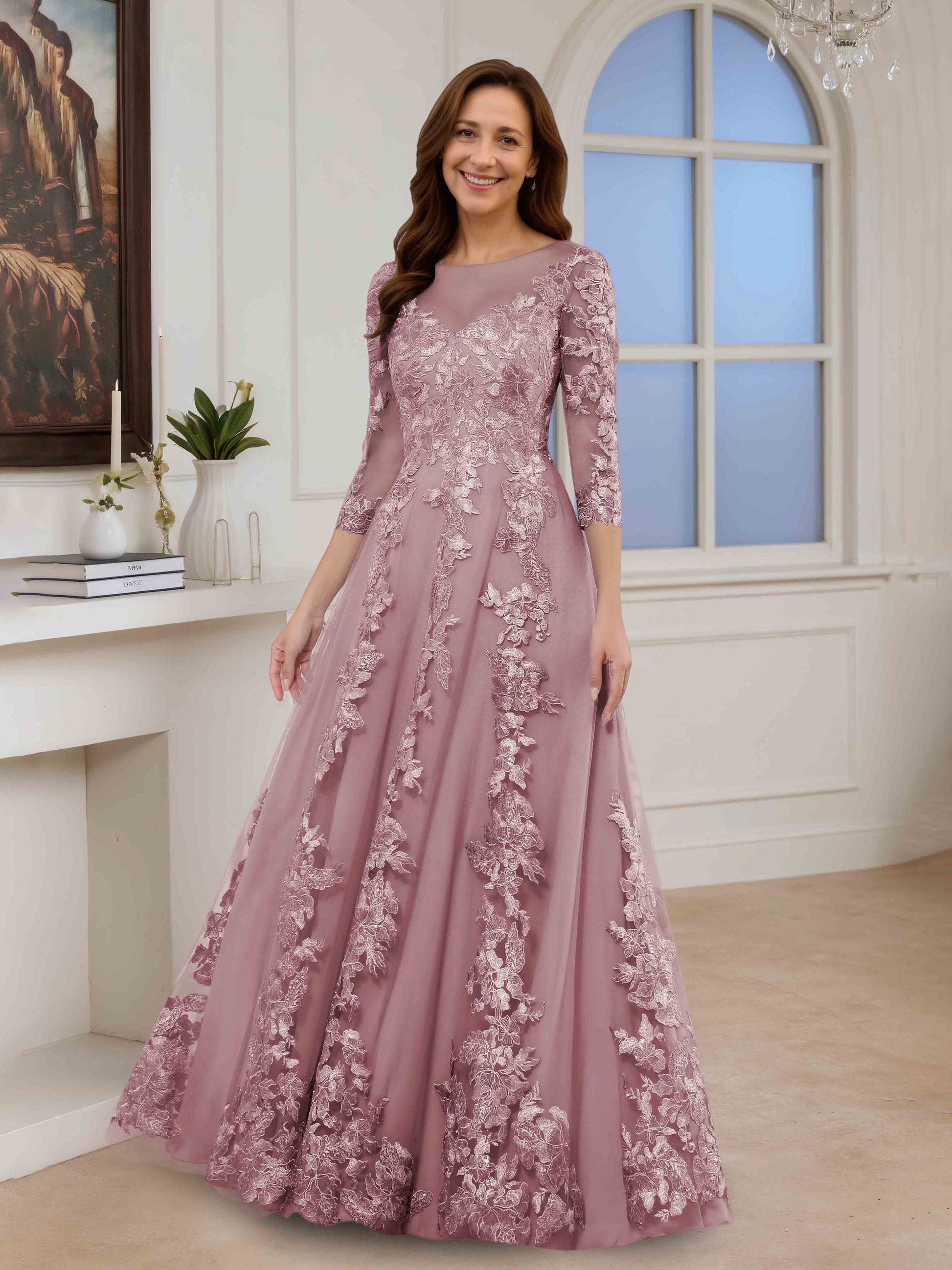 Elarin Delicate A-line Illusion 3/4 Sleeves Lace Appliqued Long Mother Cathnina Elarin Delicate A-line Illusion 3/4 Sleeves Lace Appliqued Long Mother Cathnina