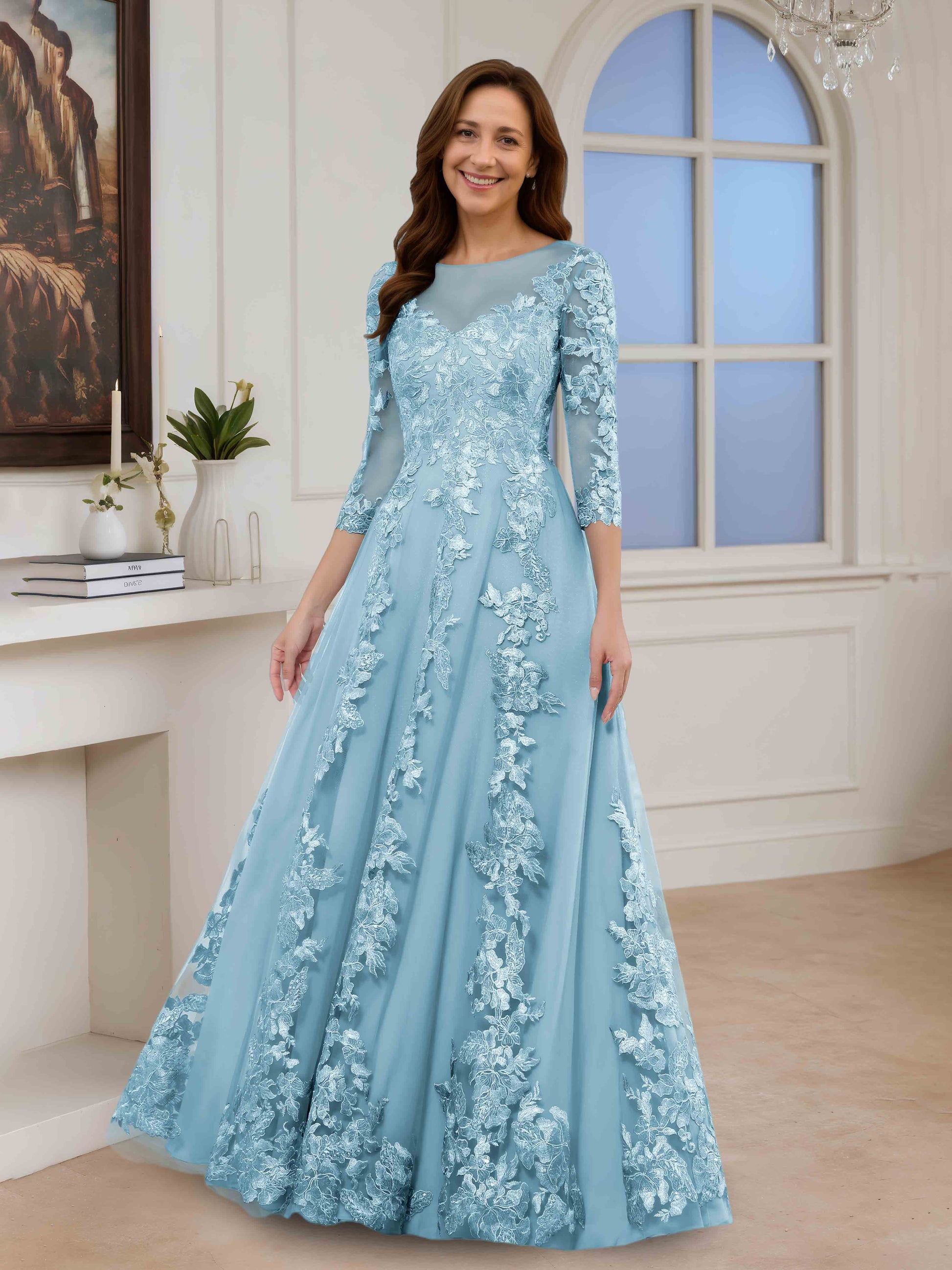 Elarin Delicate A-line Illusion 3/4 Sleeves Lace Appliqued Long Mother Cathnina Elarin Delicate A-line Illusion 3/4 Sleeves Lace Appliqued Long Mother Cathnina