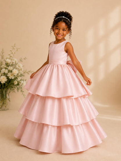 Elegant A-Line Floor Length Tiered Ruffled Satin Flower Girl Dresses
