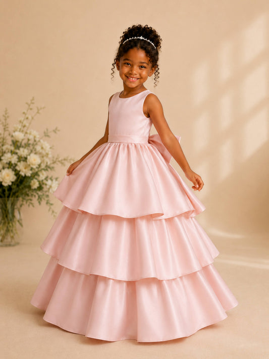Elegant A-Line Floor Length Tiered Ruffled Satin Flower Girl Dresses