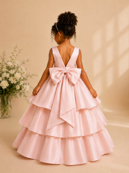 Elegant A-Line Floor Length Tiered Ruffled Satin Flower Girl Dresses