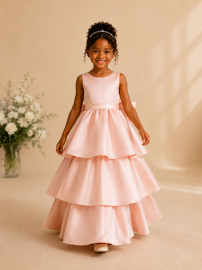 Elegant A-Line Floor Length Tiered Ruffled Satin Flower Girl Dresses