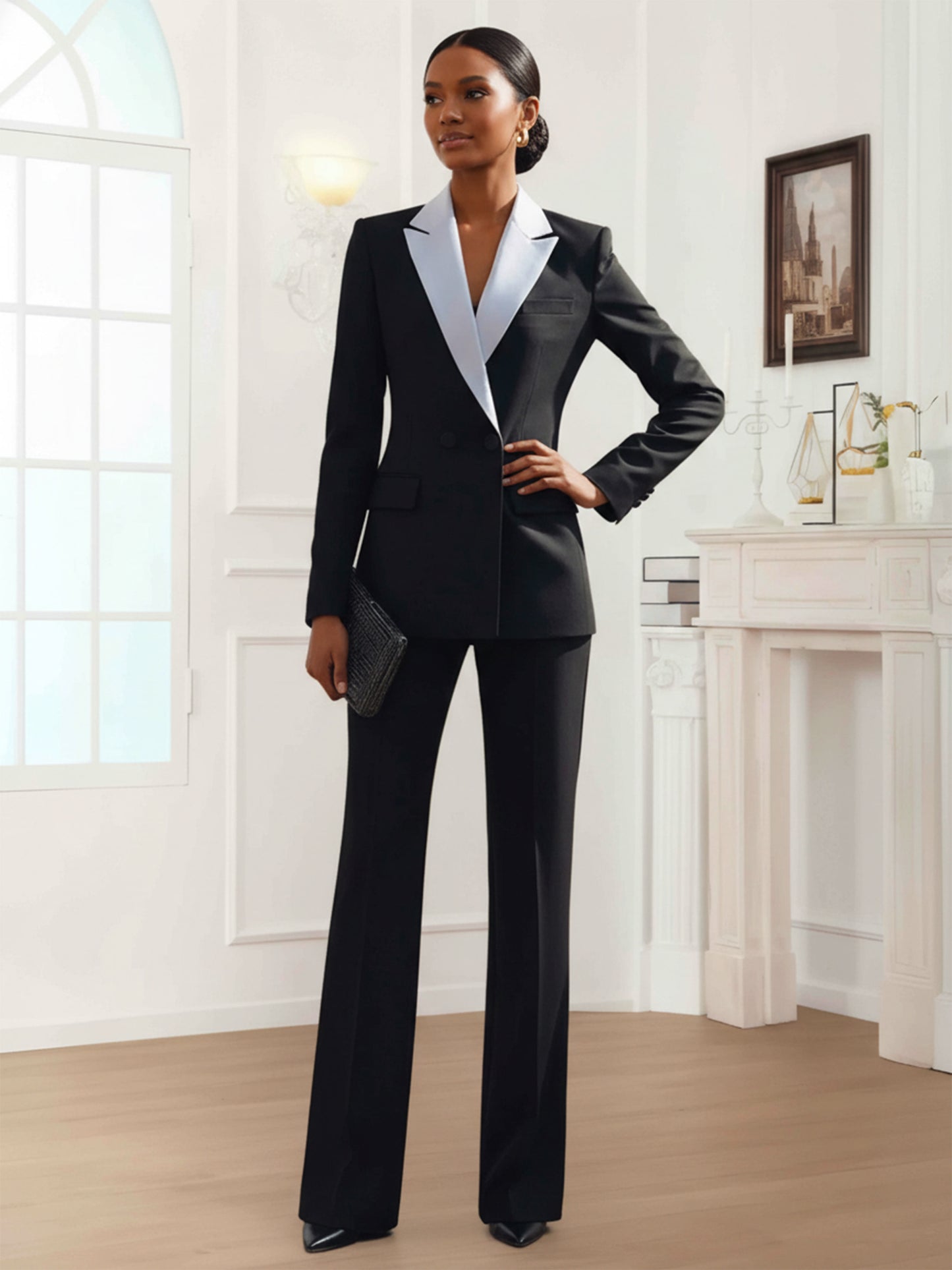 Elegant Double Breasted Women's 2 Pieces Contrast Finishes Slim Fit Suits