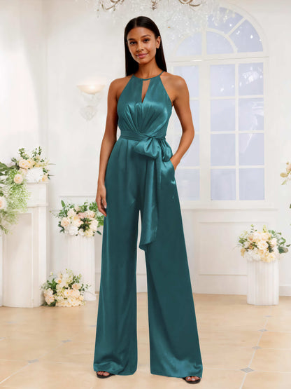 Elegant Halter Ruched Satin Jumpsuits For Bridesmaids With Pockets