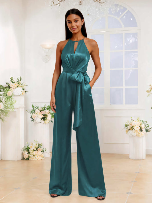 Elegant Halter Ruched Satin Jumpsuits For Bridesmaids With Pockets