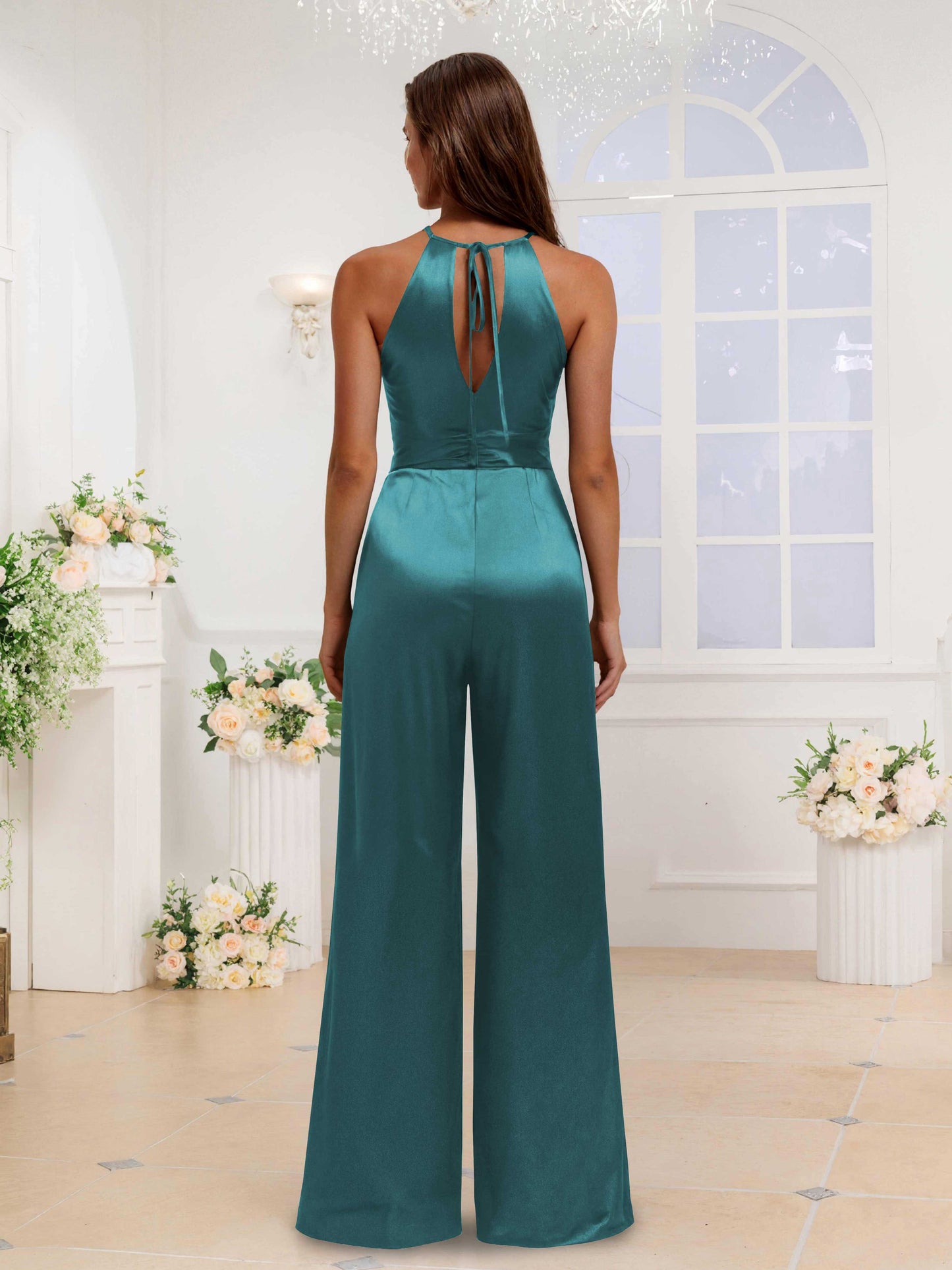 Elegant Halter Ruched Satin Jumpsuits For Bridesmaids With Pockets