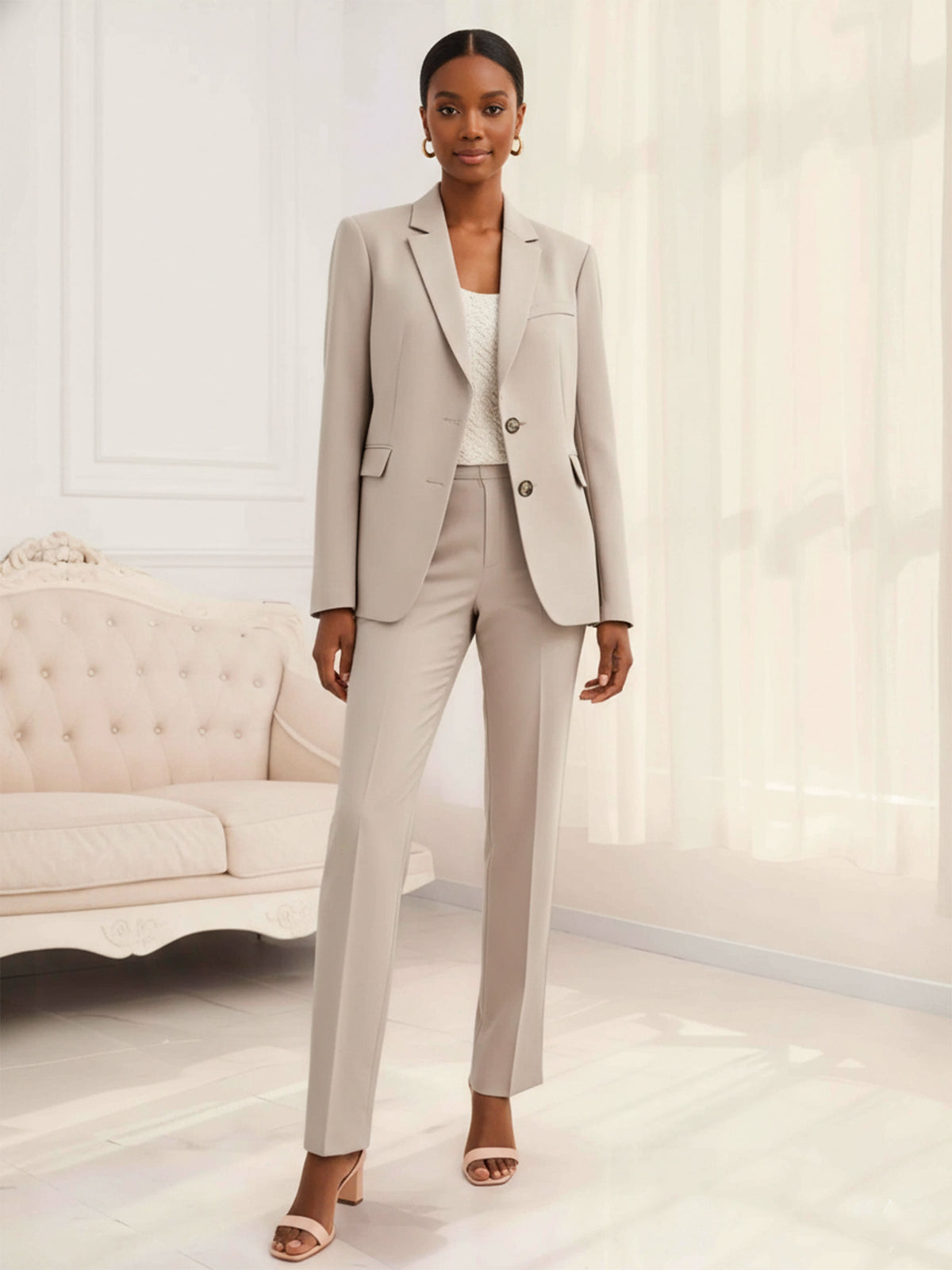 Elegant Single-Breasted Women's Notched Lapel 2 Pieces Pantsuit Set