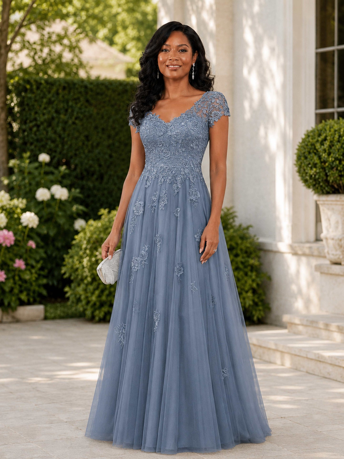 Eliana Elegant V-Neck A-Line Floor Length Mother of the Bride Dresses with Lace Appliques