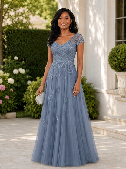 Eliana Elegant V-Neck A-Line Floor Length Mother of the Bride Dresses with Lace Appliques