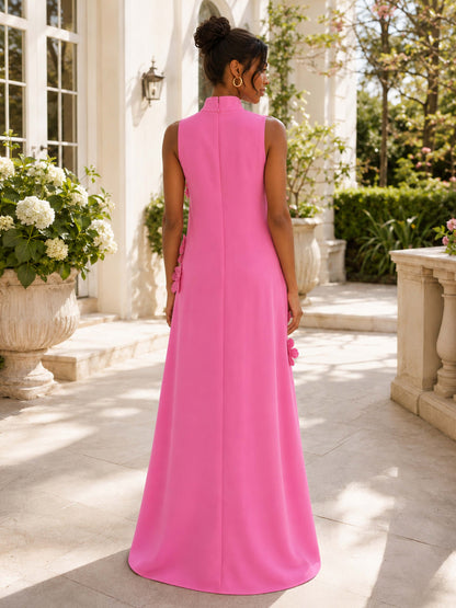 Elowen A-Line High Neck Long Formal Dress with 3D Flowers