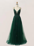 Emira Trendy A Line V-neck Spaghetti Straps Long Tulle Prom Dresses