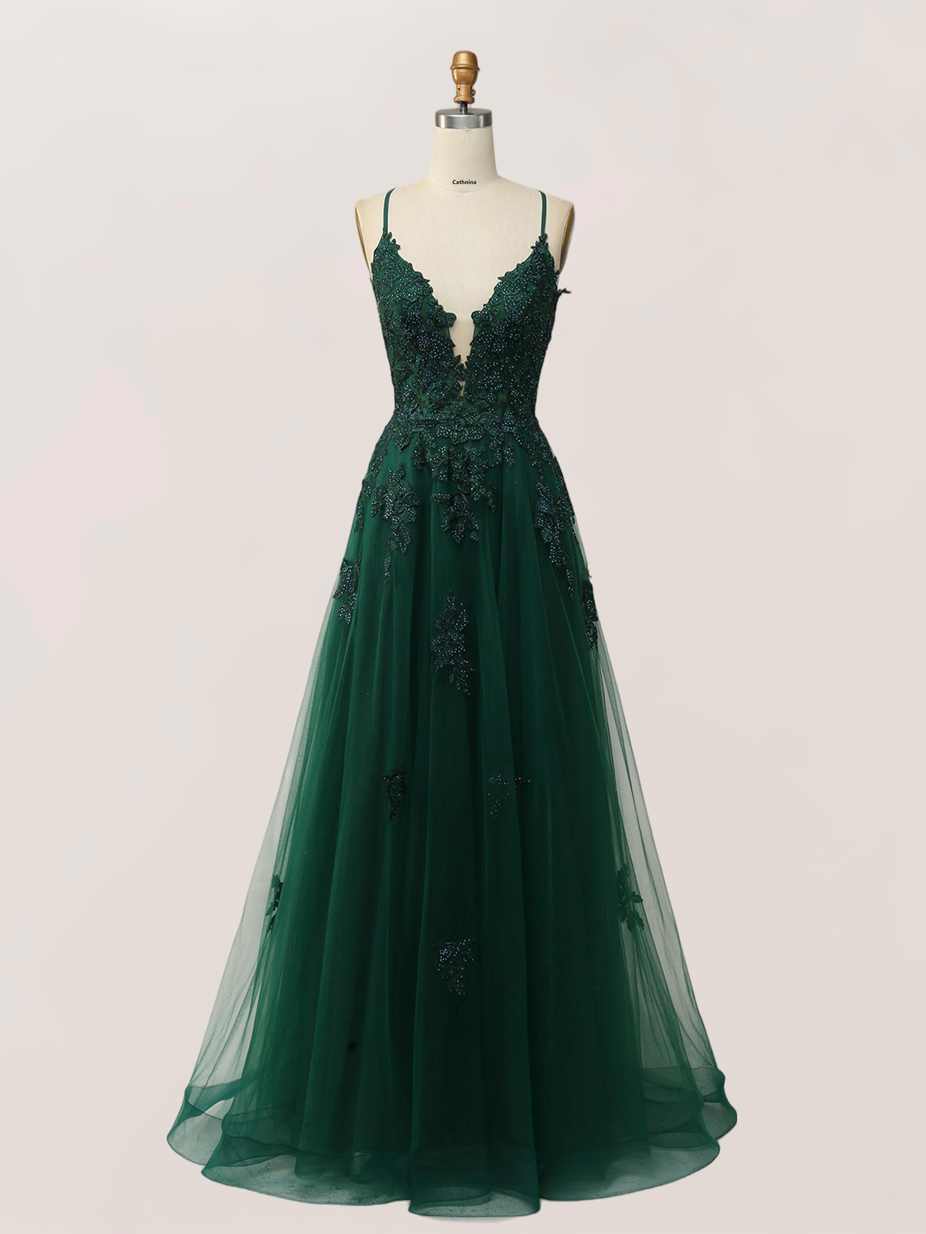 Emira Trendy A Line V-neck Spaghetti Straps Long Tulle Prom Dresses