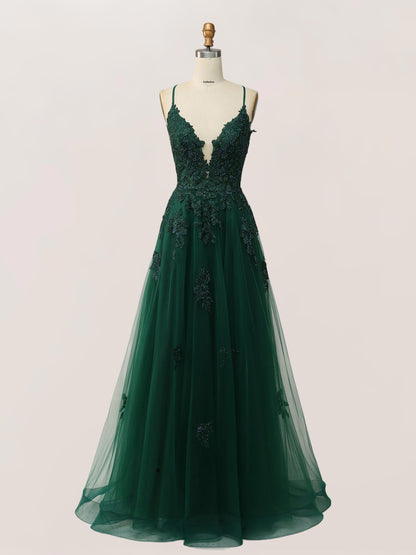 Emira Trendy A Line V-neck Spaghetti Straps Long Tulle Prom Dresses