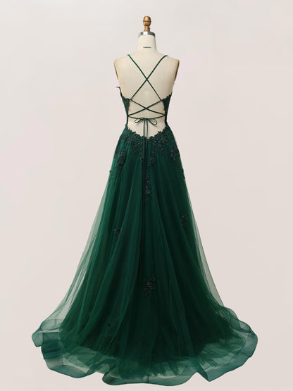 Emira Trendy A Line V-neck Spaghetti Straps Long Tulle Prom Dresses