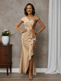 Esme Graceful Sheath V-neck Short Sleeves Pleated Floor-Length Mother of the Bride Dresses with Slit