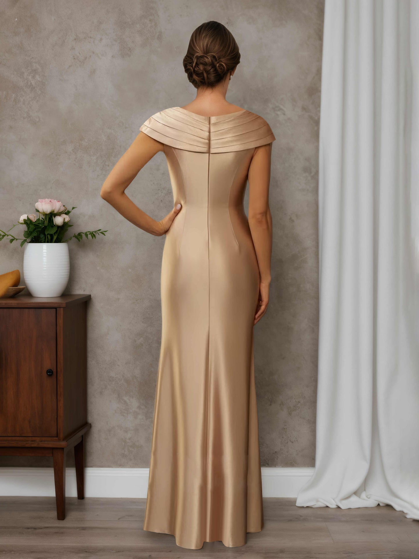 Esme Graceful Sheath V-neck Short Sleeves Pleated Floor-Length Mother of the Bride Dresses with Slit