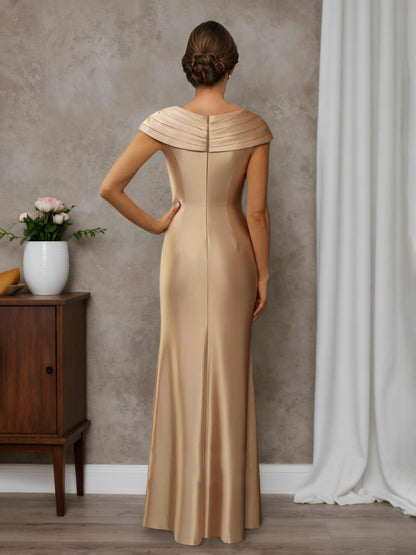 Esme Graceful Sheath V-neck Short Sleeves Pleated Floor-Length Mother of the Bride Dresses with Slit