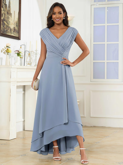 Eveloria Modest V Neck Beaded Ruched Asymmetrical Chiffon Mother Of The Bride Dresses