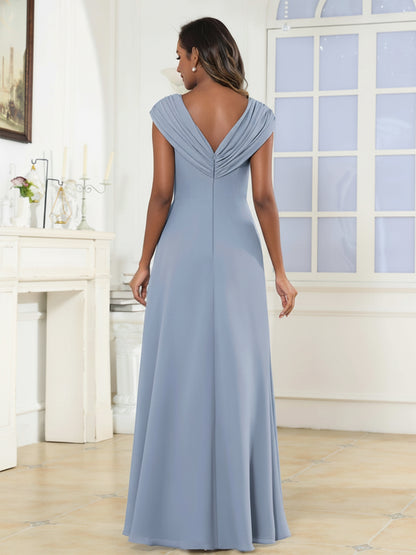Eveloria Modest V Neck Beaded Ruched Asymmetrical Chiffon Mother Of The Bride Dresses