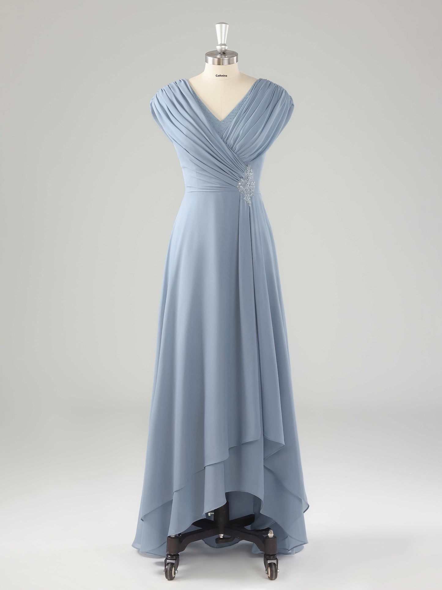 Eveloria Modest V Neck Beaded Ruched Asymmetrical Chiffon Mother Of The Bride Dresses