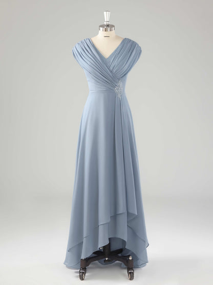 Eveloria Modest V Neck Beaded Ruched Asymmetrical Chiffon Mother Of The Bride Dresses