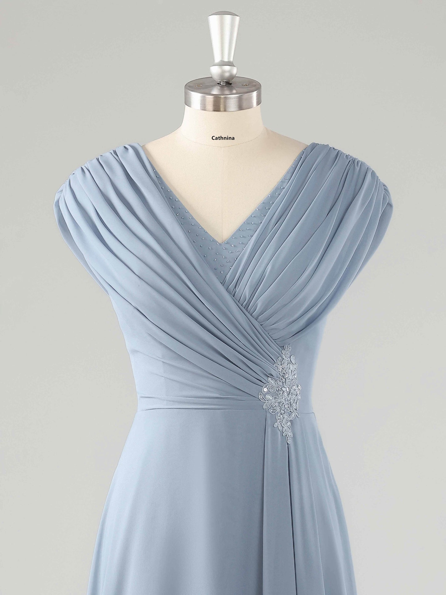 Eveloria Modest V Neck Beaded Ruched Asymmetrical Chiffon Mother Of The Bride Dresses