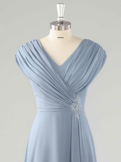 Eveloria Modest V Neck Beaded Ruched Asymmetrical Chiffon Mother Of The Bride Dresses