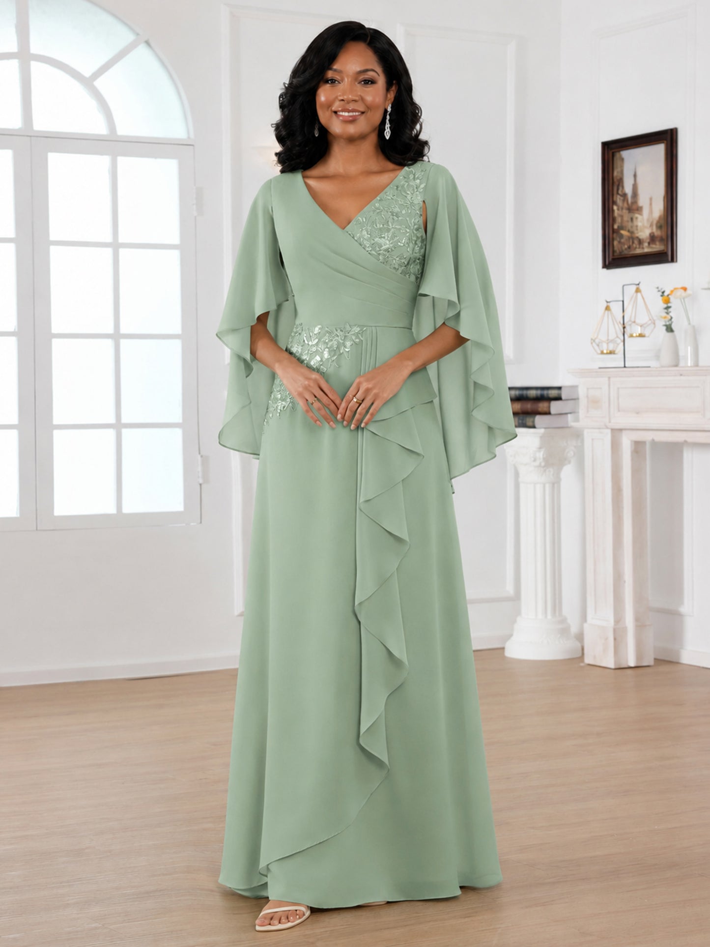 Evelyn Elegant A-Line Chiffon V-Neck Cape Sleeves Mother of the Bride Dresses with Appliques