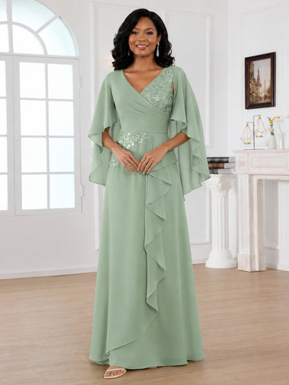 Evelyn Elegant A-Line Chiffon V-Neck Cape Sleeves Mother of the Bride Dresses with Appliques