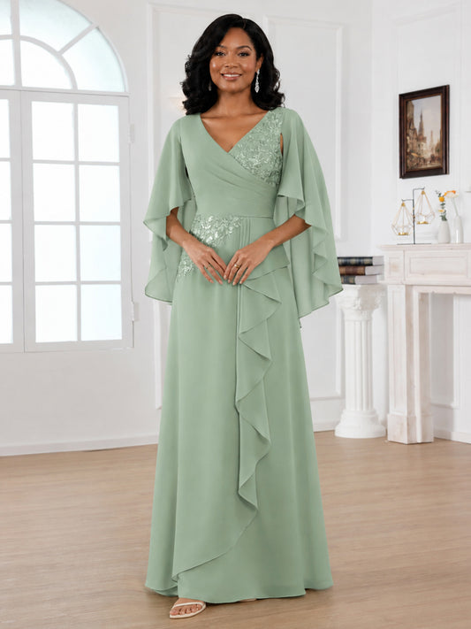 Evelyn Elegant A-Line Chiffon V-Neck Cape Sleeves Mother of the Bride Dresses with Appliques