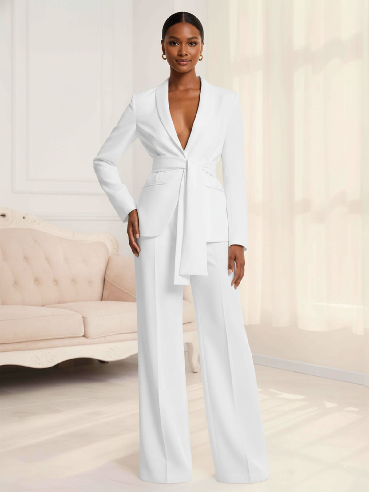 Fashion Shawl Lapel Women's 2 Pieces Suit Set with Belt