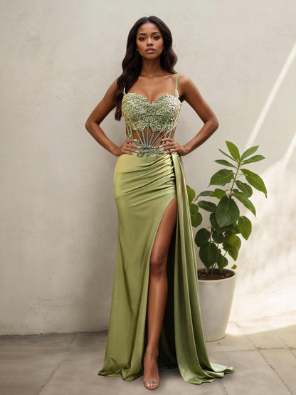 Faylin Sexy Mermaid Pleated Long Corset Prom Dresses With Slit
