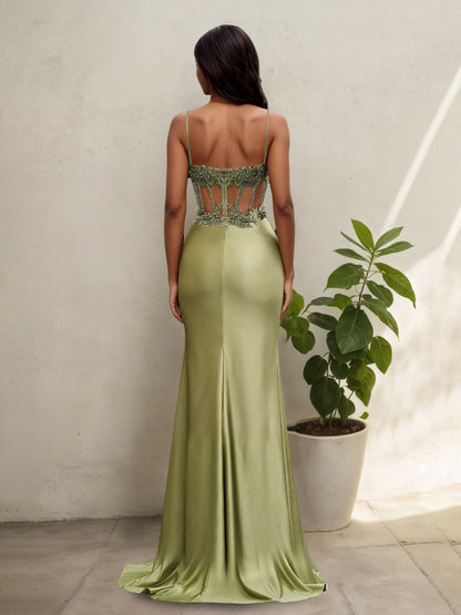 Faylin Sexy Mermaid Pleated Long Corset Prom Dresses With Slit