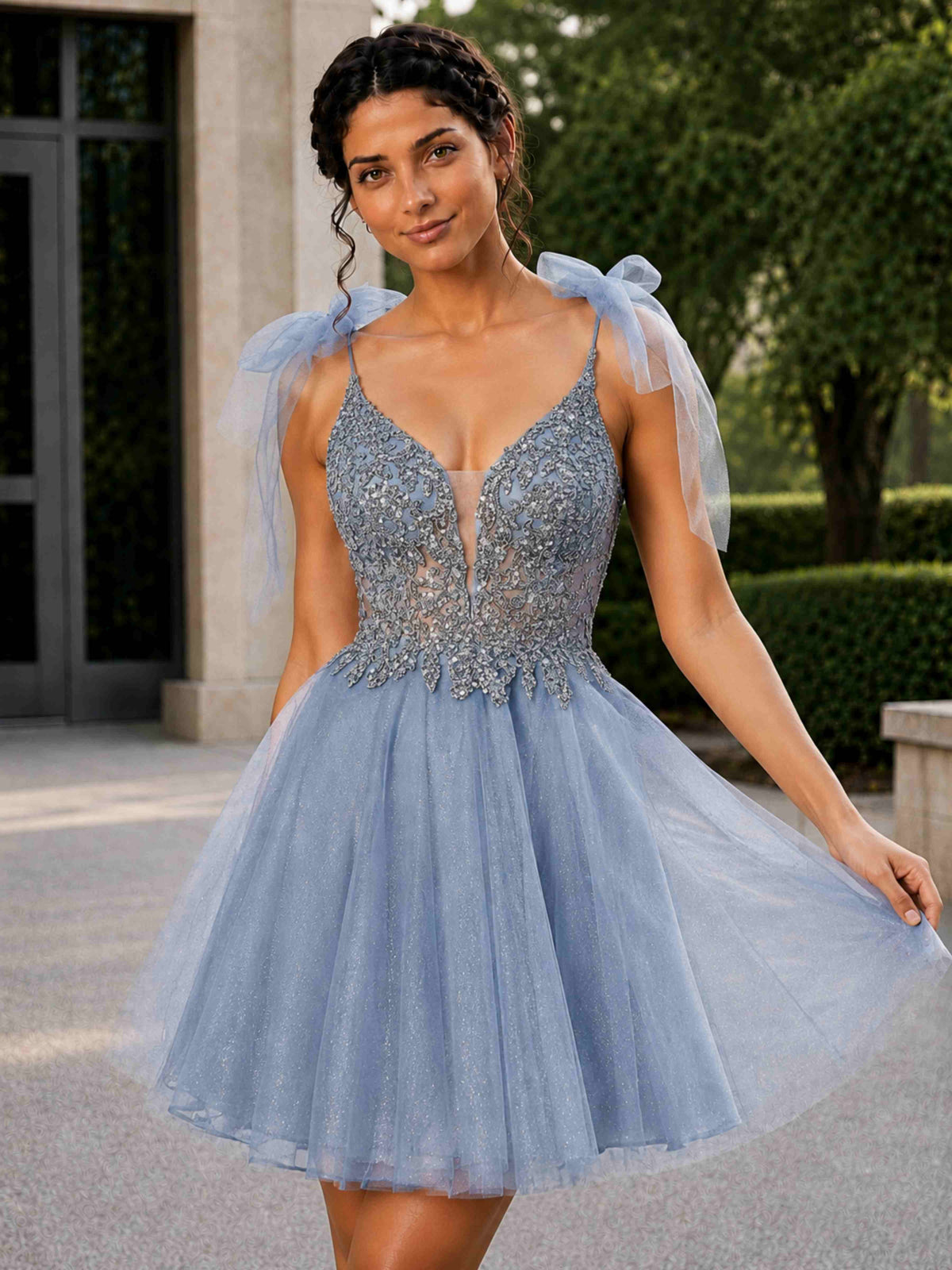 Fioris A-Line Beaded Lace Glitter Tulle Mini Homecoming Dress