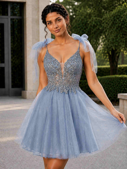 Fioris A-Line Beaded Lace Glitter Tulle Mini Homecoming Dress