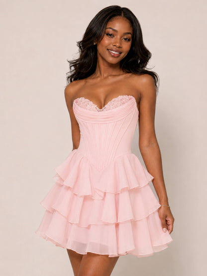 Florielle A-Line Strapless Sweetheart Chiffon Corset Mini Homecoming Dress
