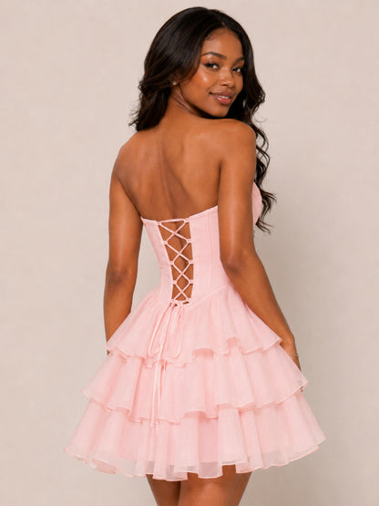 Florielle A-Line Strapless Sweetheart Chiffon Corset Mini Homecoming Dress