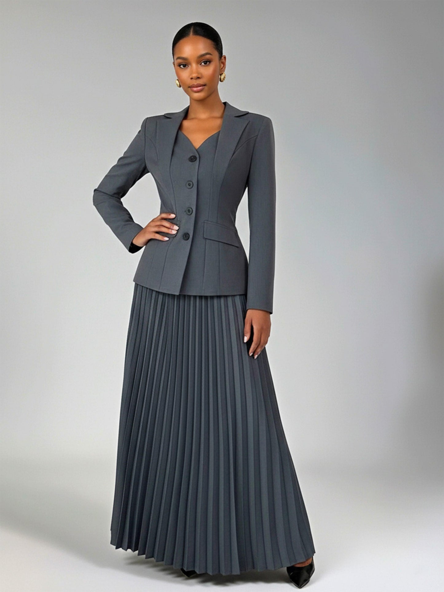 Four Buttons Women's 2 Pieces Blazer Jacket and Pleated A-Line Skirt Suit