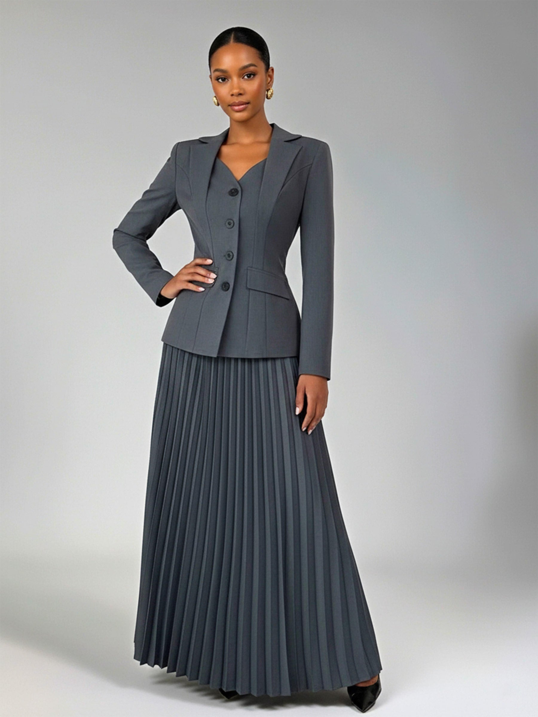 Four Buttons Women's 2 Pieces Blazer Jacket and Pleated A-Line Skirt Suit