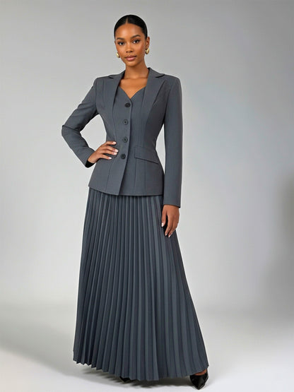 Four Buttons Women's 2 Pieces Blazer Jacket and Pleated A-Line Skirt Suit