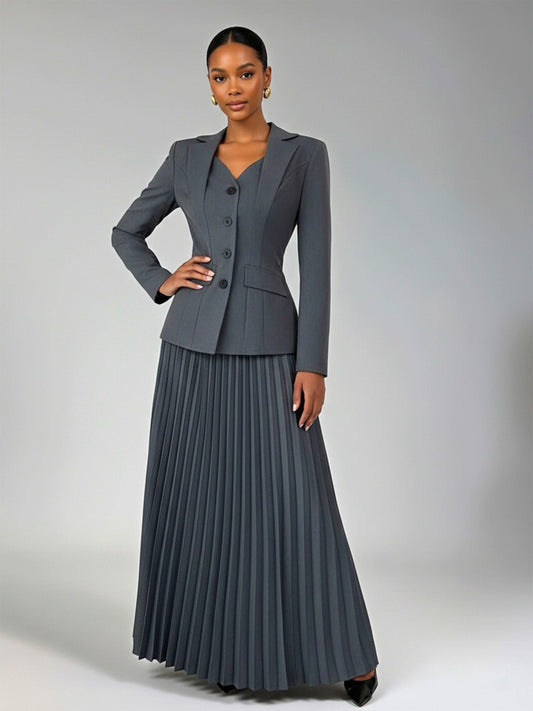 Four Buttons Women's 2 Pieces Blazer Jacket and Pleated A-Line Skirt Suit