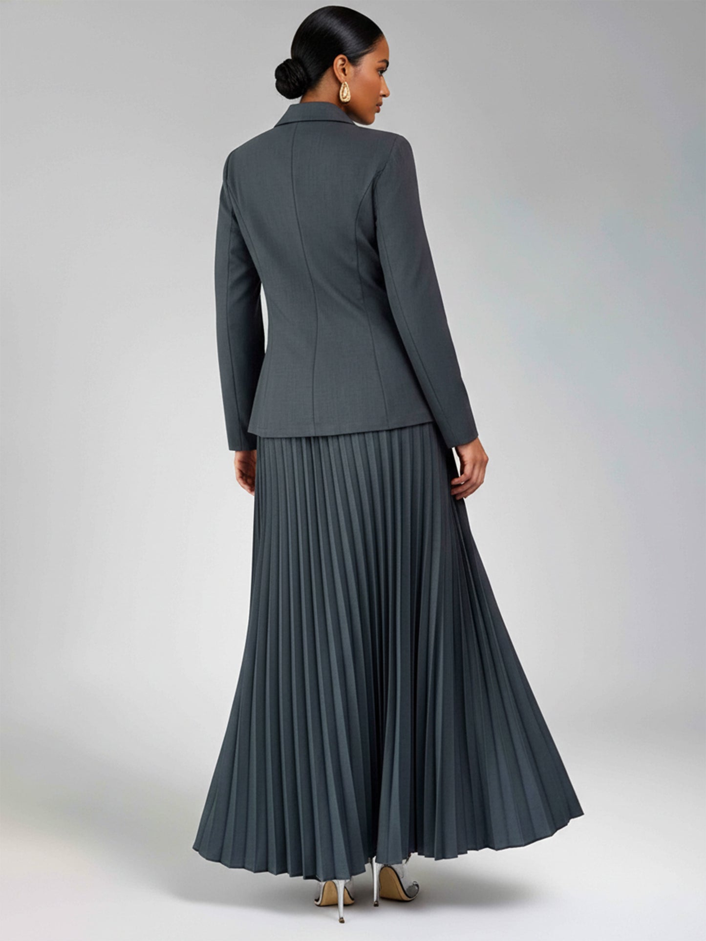 Four Buttons Women's 2 Pieces Blazer Jacket and Pleated A-Line Skirt Suit