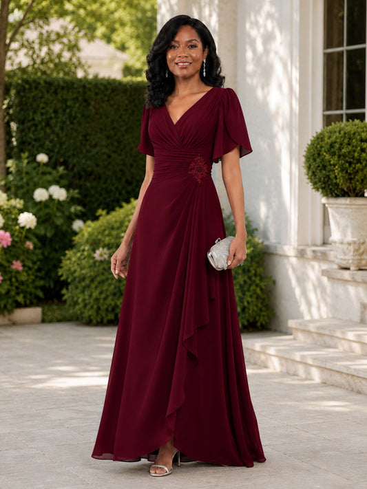 Gabrielle V-Neck Chiffon Ruched Mother of the Bride Dresses with Appliques
