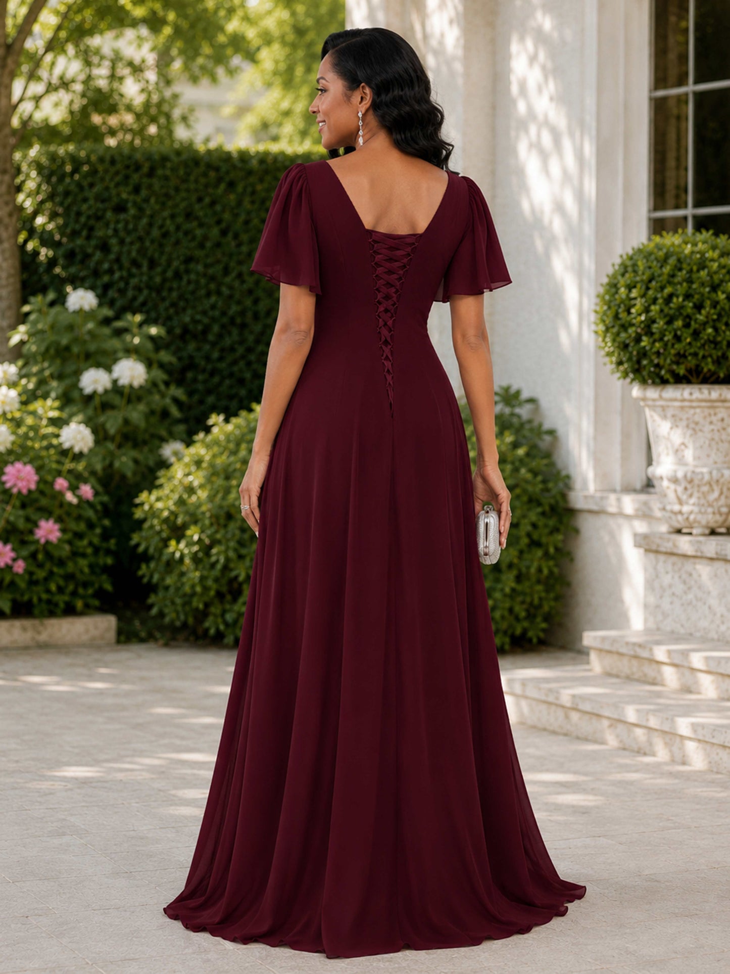 Gabrielle V-Neck Chiffon Ruched Mother of the Bride Dresses with Appliques