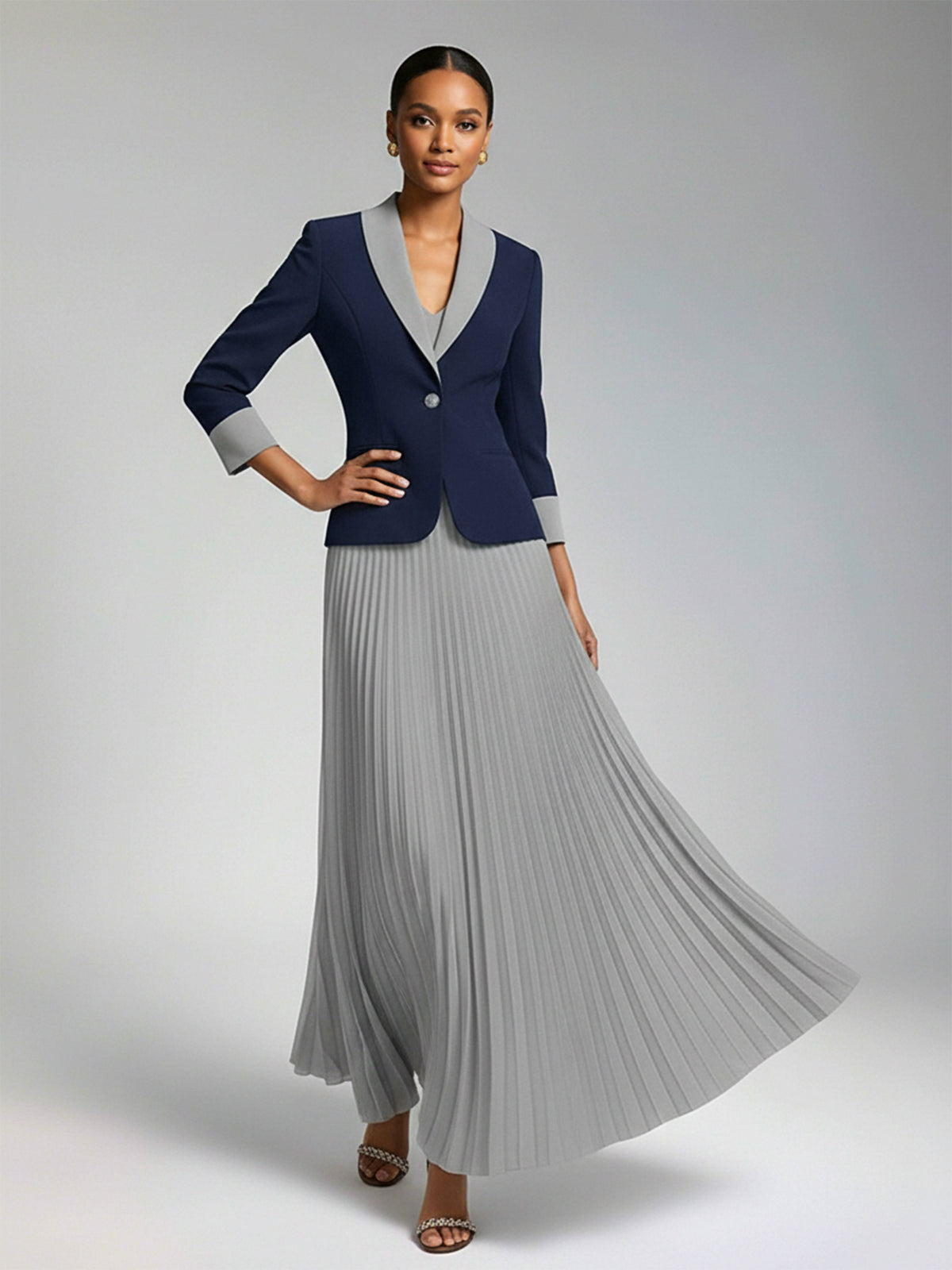 Glamorous One Button Shawl Lapel Women's 2 Pieces Color Block Jacket and Skirt Set