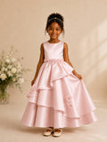 Graceful Sleeveless Tiered Satin Flower Girl Dress with 3D Floral Appliques
