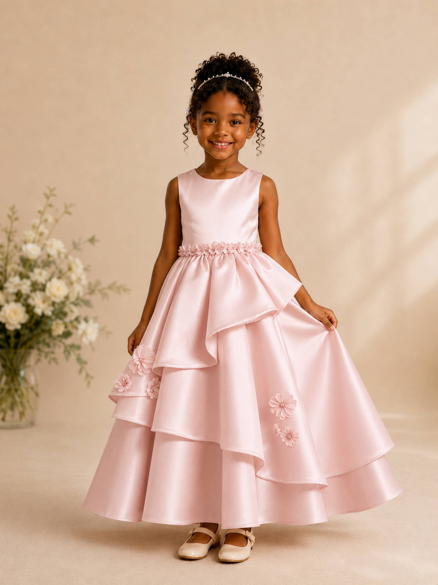 Graceful Sleeveless Tiered Satin Flower Girl Dress with 3D Floral Appliques