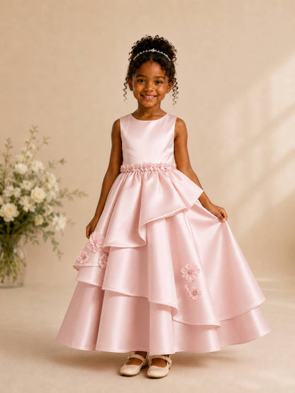 Graceful Sleeveless Tiered Satin Flower Girl Dress with 3D Floral Appliques